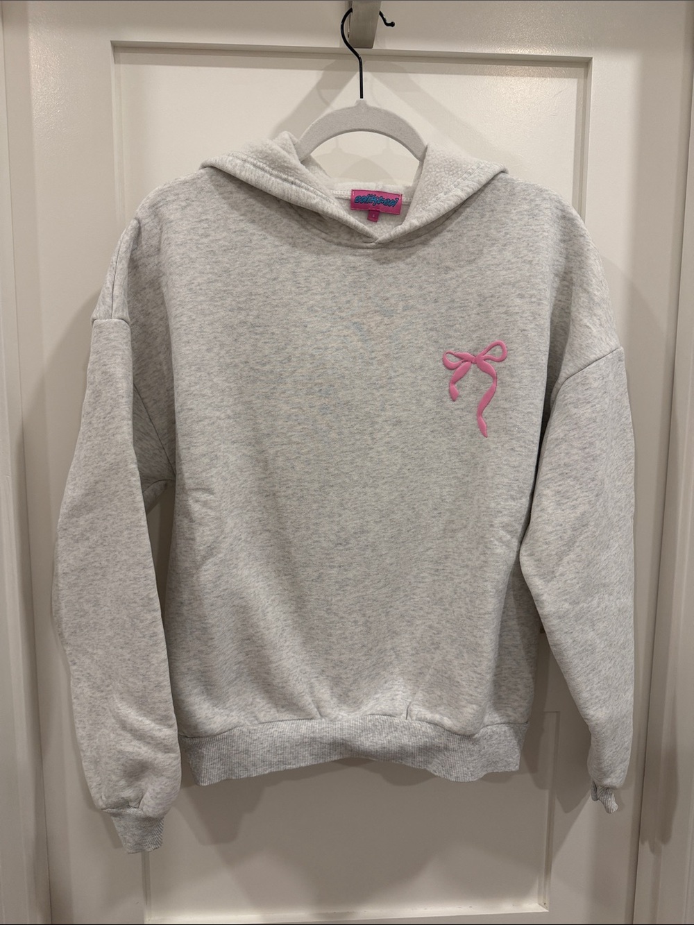 Edikted Light Gray Hoodie Sweater with Pink Bow Accent